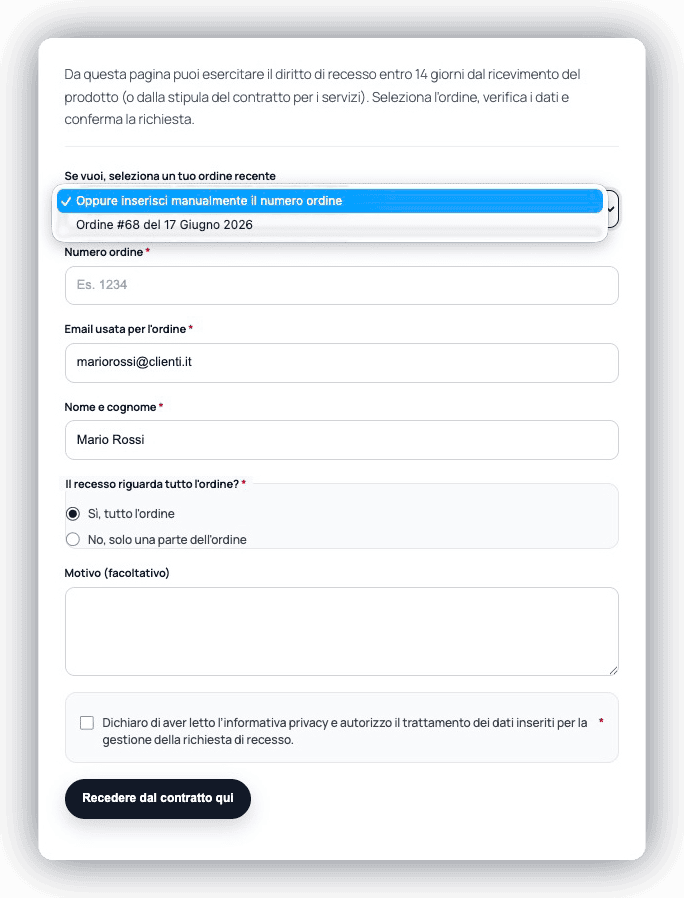 Esempio del form di recesso per ordini online